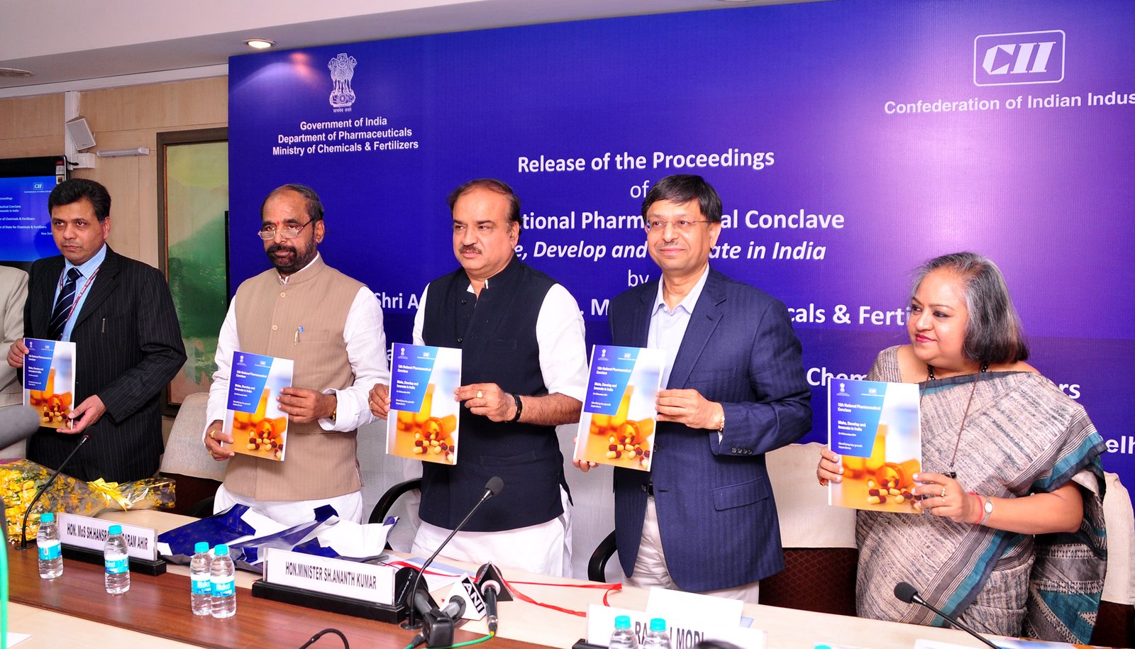 The Union Minister for Chemicals and Fertilizers, Mr Ananthkumar releasing the Proceedings of the 12th National Pharmaceuticals Conclave, in New Delhi on March 20, 2015. The Minister of State for Chemicals & Fertilizers, Mr Hansraj Gangaram Ahir and other