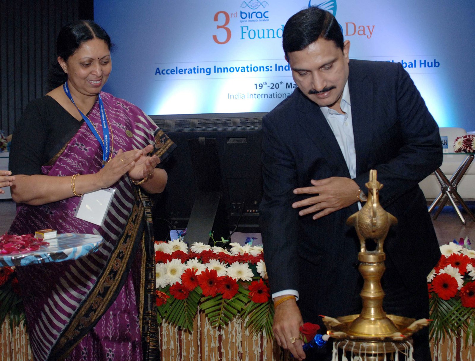 BIRAC's 3rd Foundation Day: The minister of state for S&T, Mr Y S Chowdary lights lamp while Dr Renu Swarup looks on!