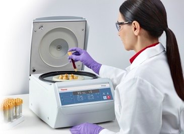 The centrifuge is designed for simple operation, and it features a large, brightly lit display 