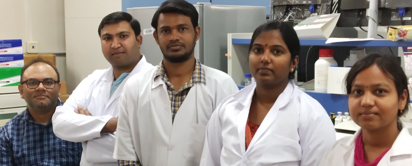 Dr. Anindya Roy (L), Associate Professor, Dept of Biotechnology, IIT Hyderabad, with his Research Team at a laboratory in IIT Hyderabad.