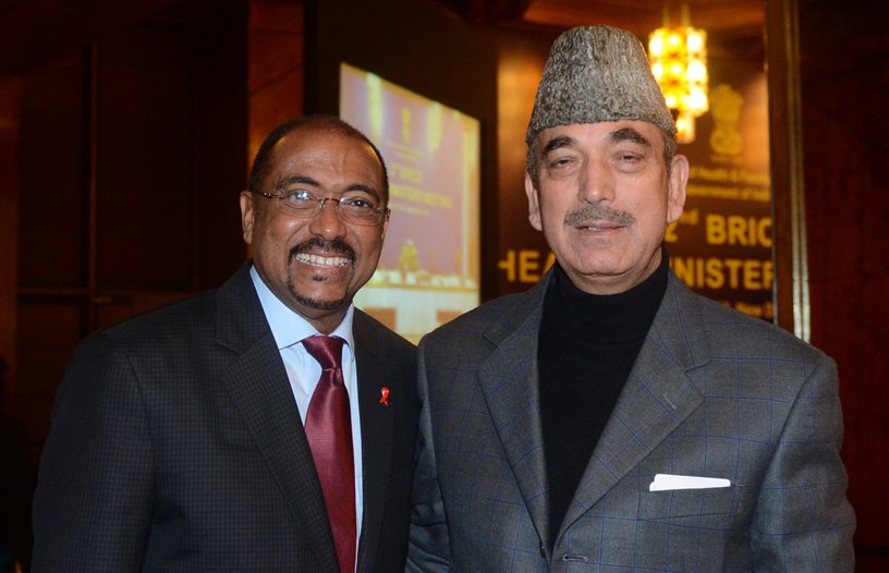 (L-R) UNAIDS executive director, Michel SidibÃ© with health minister Ghulam Nabi Azad during the second BRICS Health Minister meeting (File Photo).).