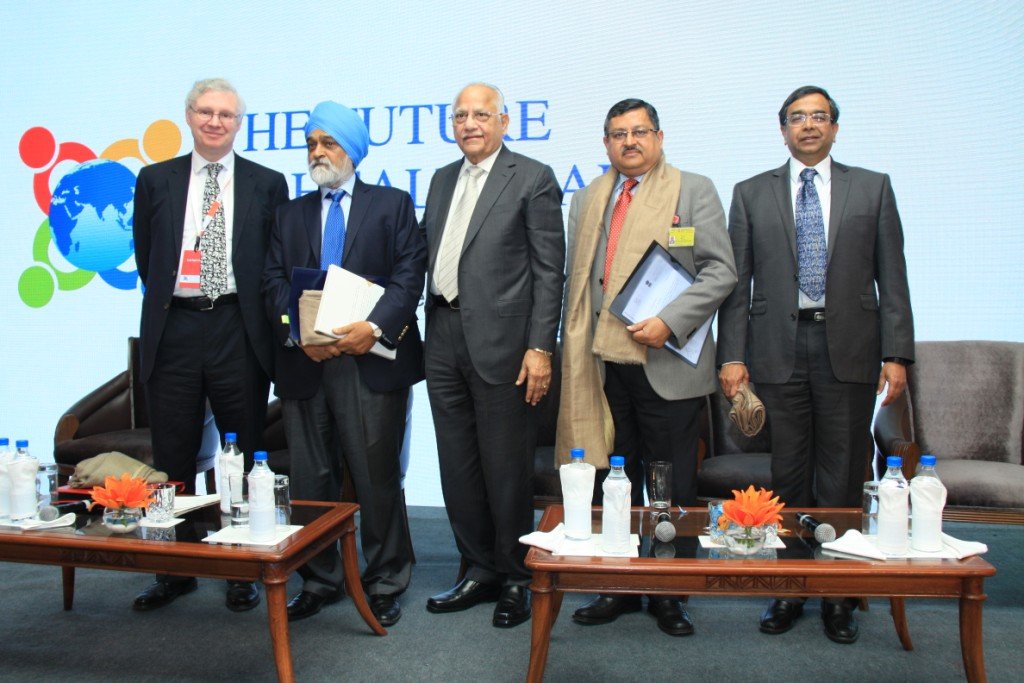 Dr Montek Singh Alhuwalia, chairman, Planning Commision; Dr Prathap Reddy, chairman, Apollo Hospitals; Mr Lov Verma, health secretary; Dr Srinath Reddy, president, PHFI on the sidelines of an event to mark the launch of Healthcare Alliance that is being s