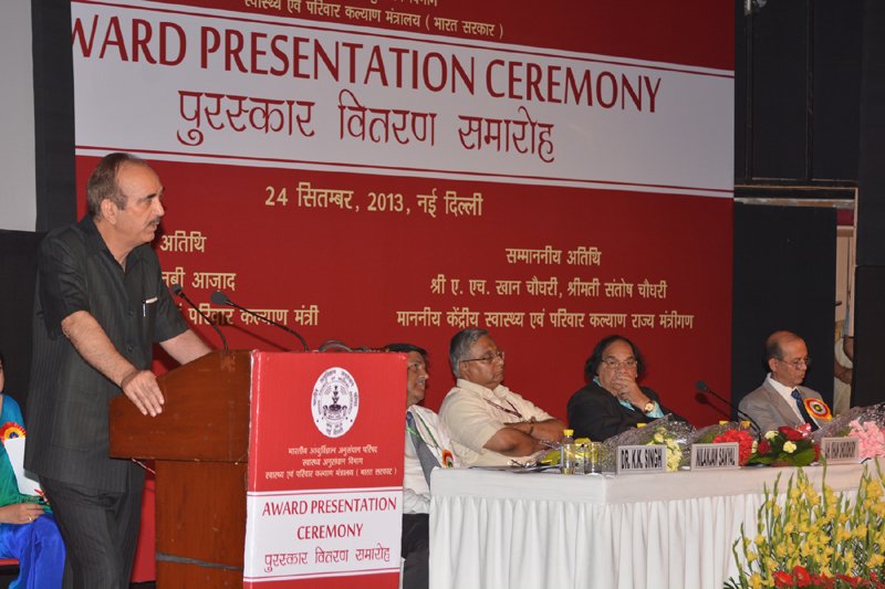 The union minister for health and family welfare, Ghulam Nabi Azad addressing at the ICMR awards presentation ceremony, in New Delhi on September 24, 2013. The minister of state for health & family welfare, A H Khan Choudhury is also seen.
