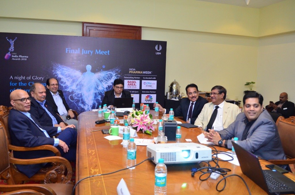 Members of the jury overseeing the presentation by nominated pharma firms at the second and final jury selection round at the India Pharma Awards   