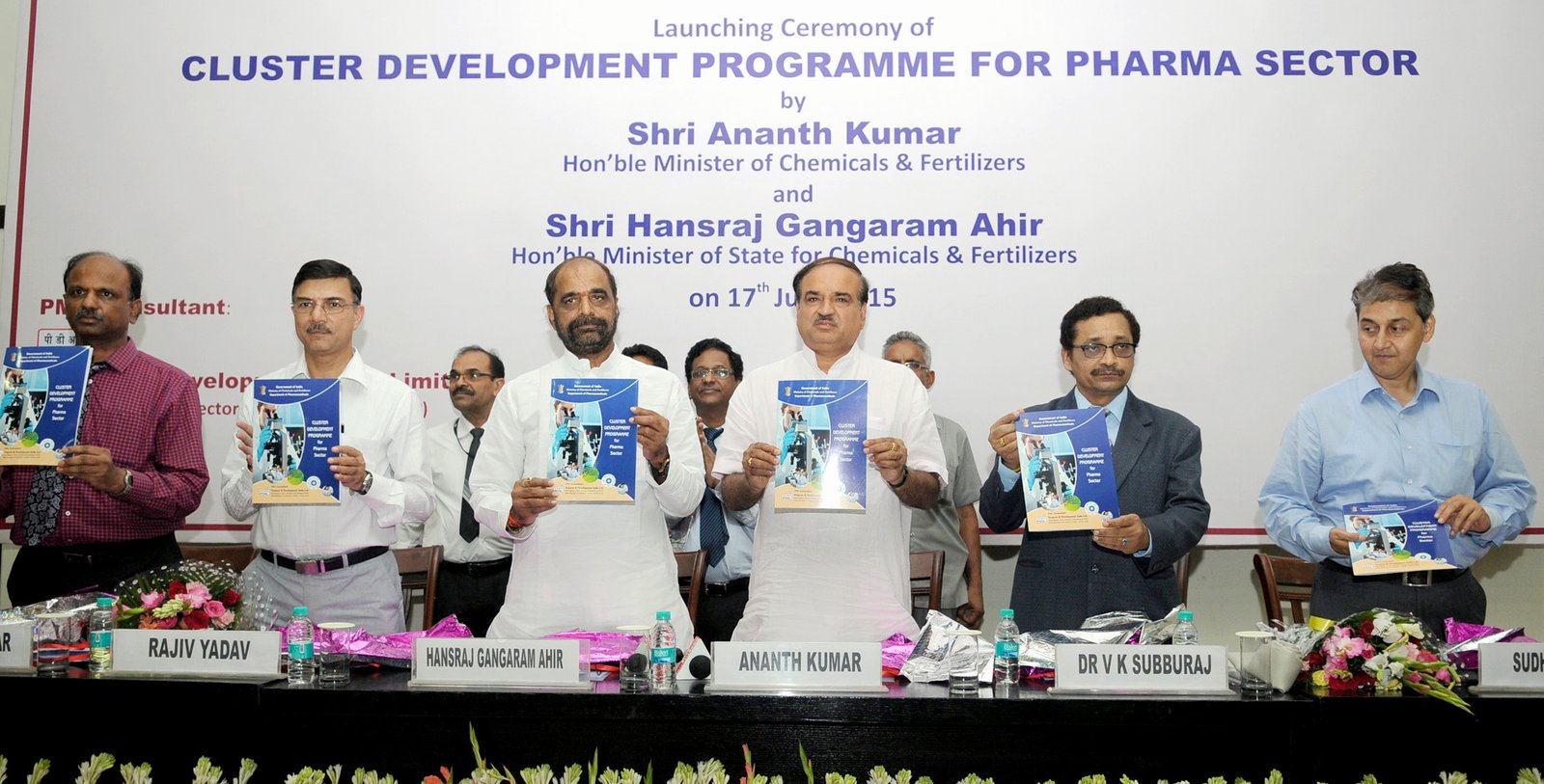 The union minister for chemicals and fertilizers, Mr Ananth Kumar (M) launching the â€œCluster Development Programme for Pharma Sector", in New Delhi on June 17, 2015. The minister of state for chemicals & fertilizers, Mr Hansraj Gangaram Ahir also seen (