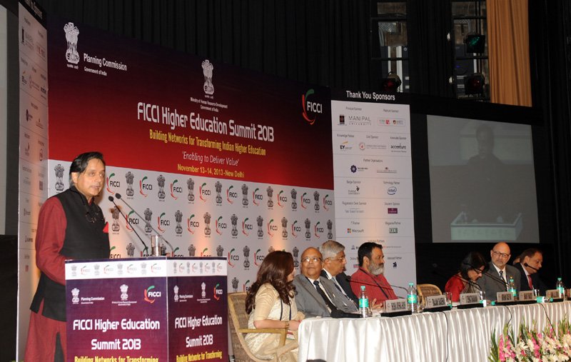 Dr. Shashi Tharoor addressing the inaugural session of the FICCI Higher Education Summit 2013 â€“ 'Building Networks for Transforming Indian Higher Education', in New Delhi on November 13, 2013.